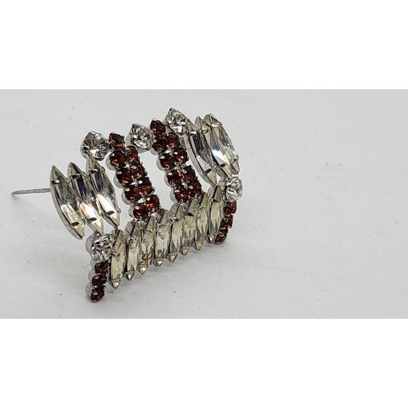 Vintage Rhinestone Brooch Shoulder Pin Clear & Topaz Silver Toned Abstract - Picture 4 of 15